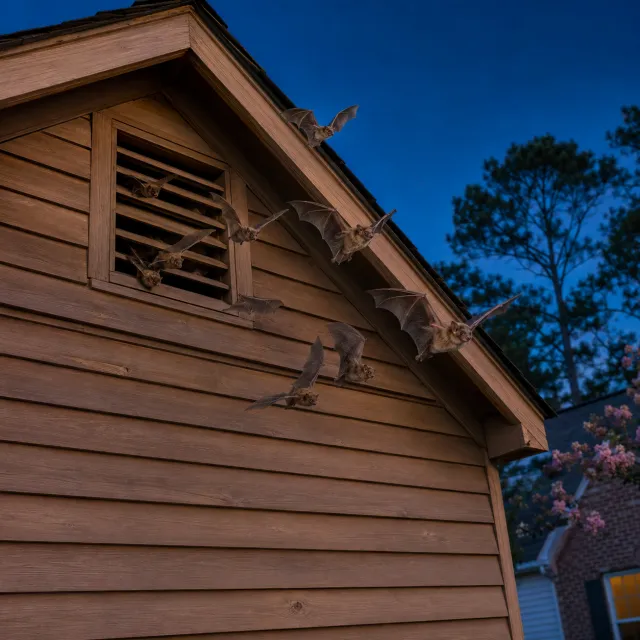 Bats leaving a gable vent of a Columbia SC house at dusk