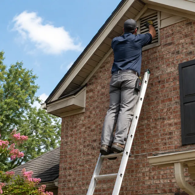 Wildlife control operator inspecting the roofline of a Columbia home