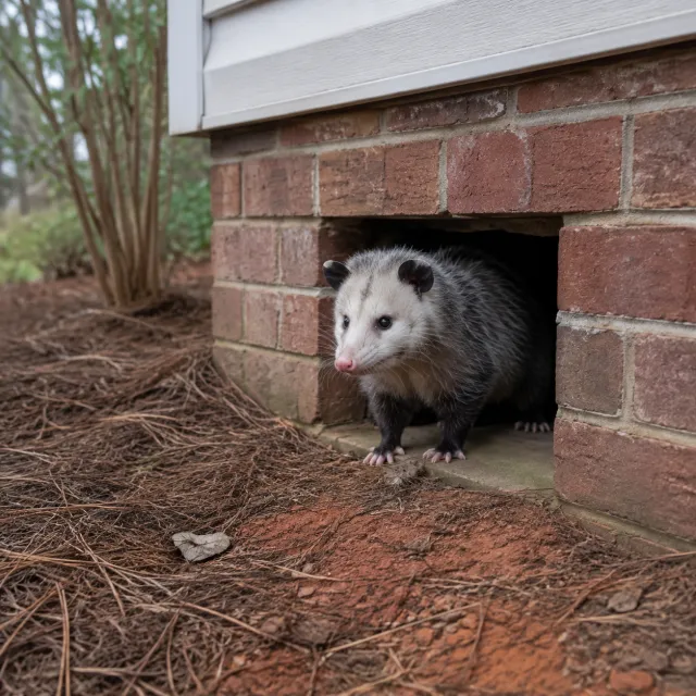 Opossum at a crawl-space vent under a Columbia house