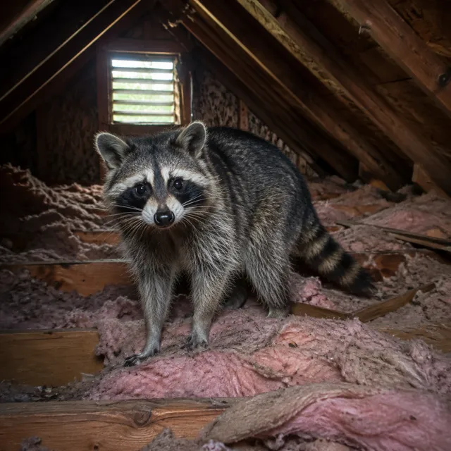 Raccoon inside a Columbia SC attic on torn insulation