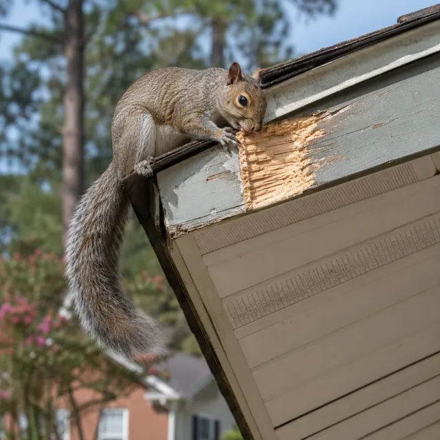 Gray squirrel chewing the fascia board of a Columbia home