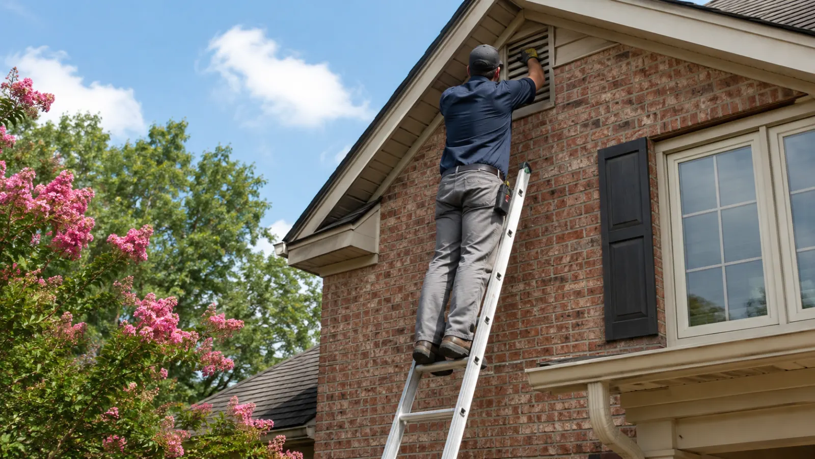 Wildlife control operator on a ladder inspecting the soffit of a two-story brick home in Columbia SC