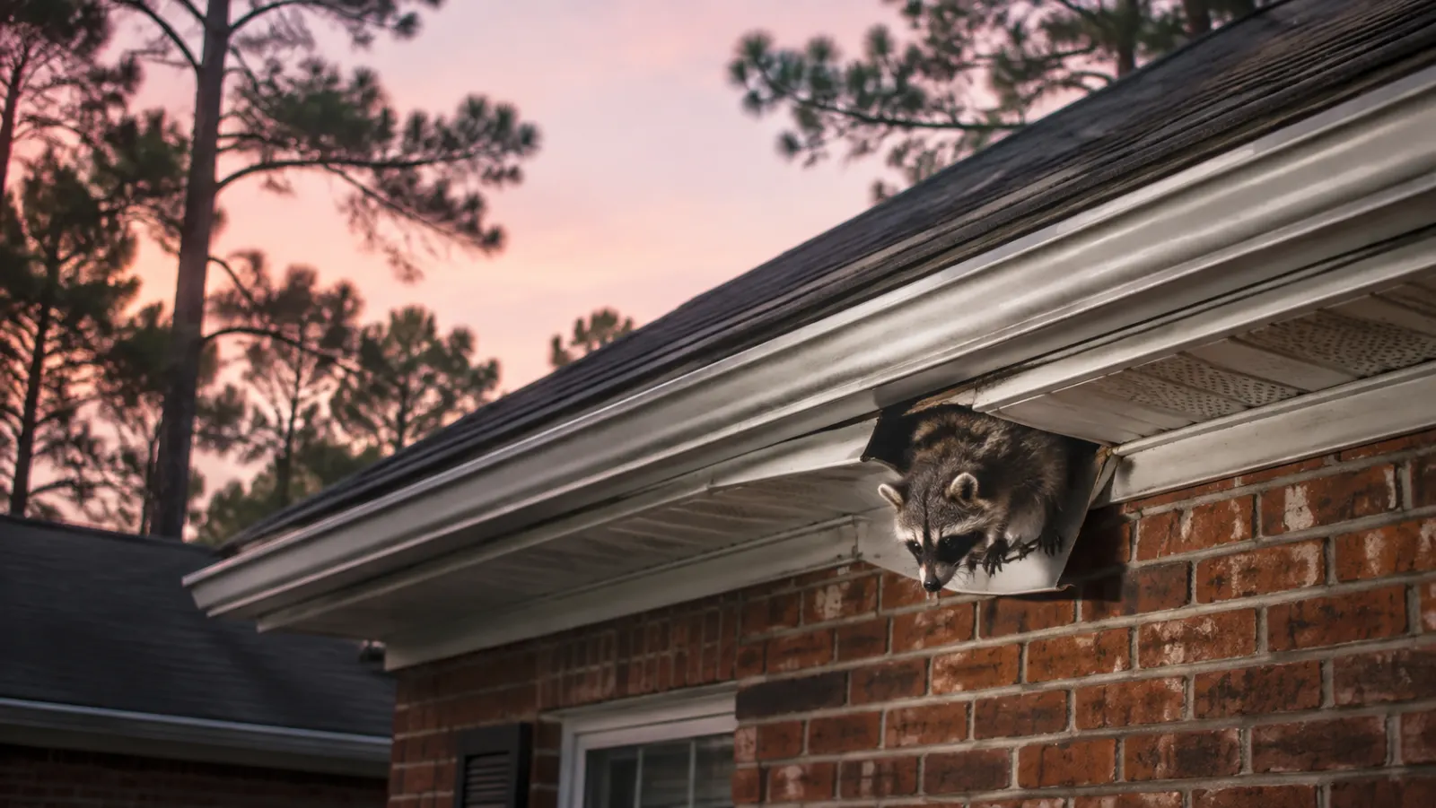 Raccoon climbing out of a bent soffit panel on a brick Columbia SC home at dawn