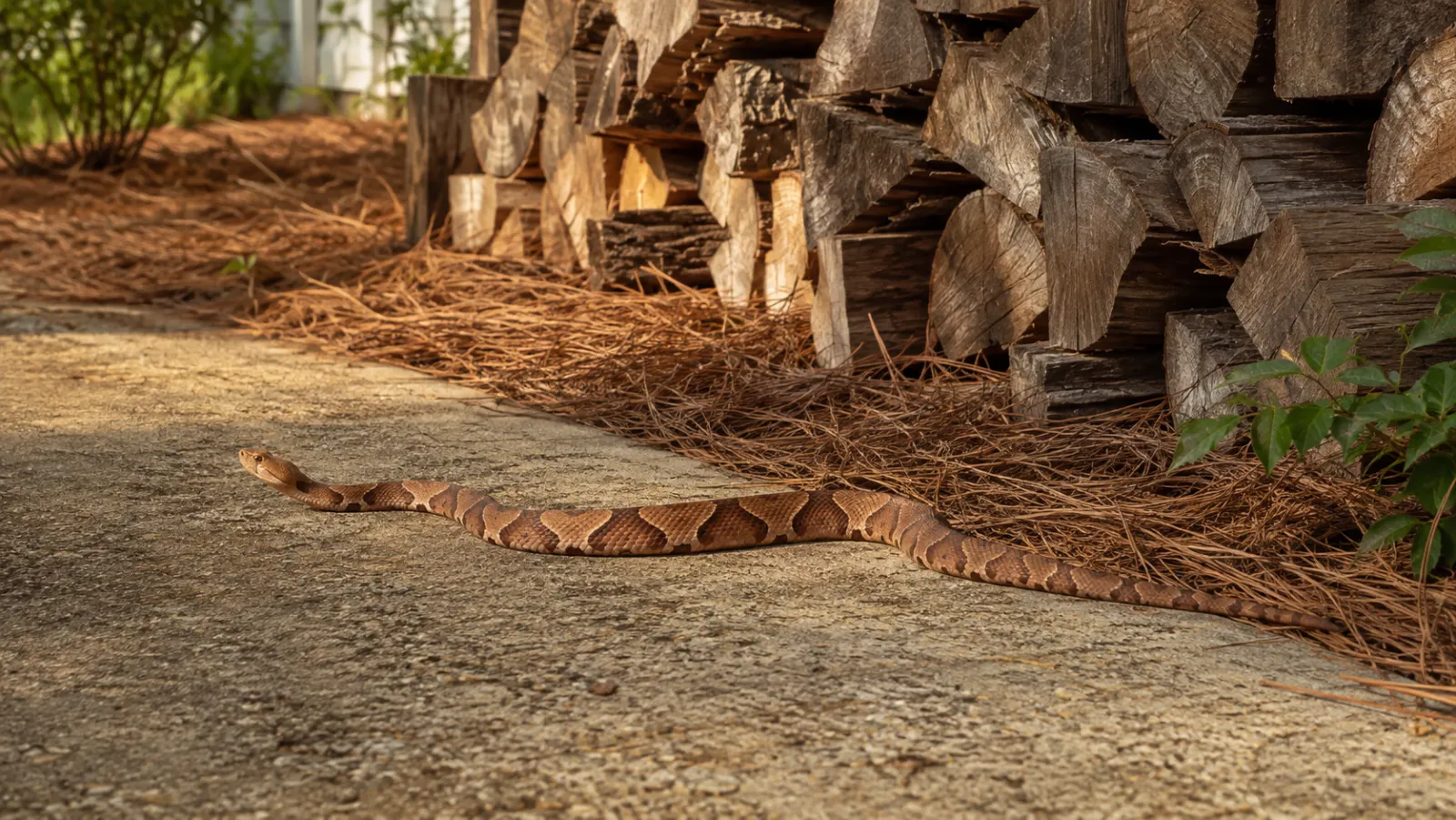 Copperhead snake stretched along a patio edge beside a woodpile in a Columbia SC backyard