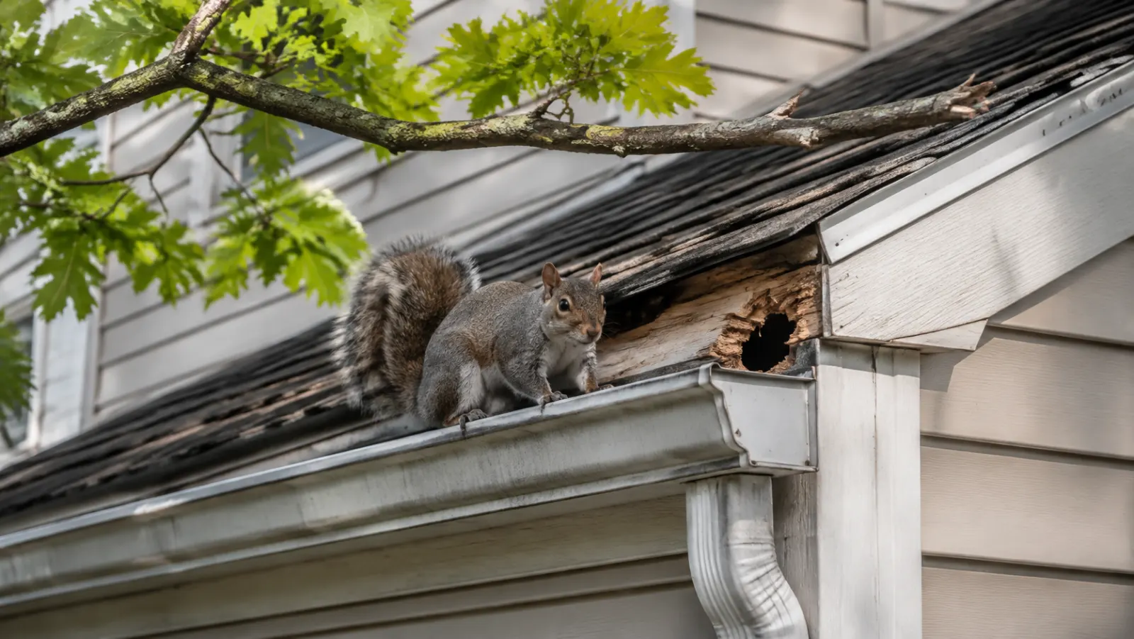 Gray squirrel on a gutter beside a chewed hole in the fascia of a Columbia SC home
