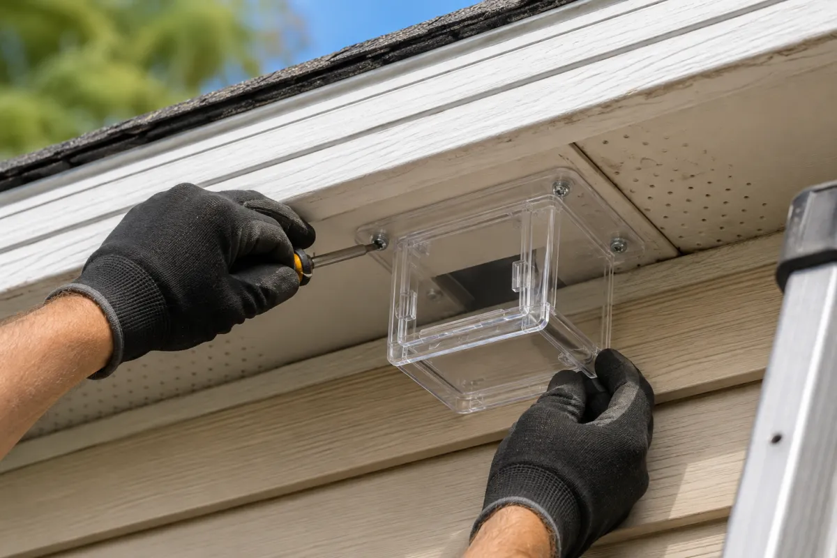 One-way exclusion door being fastened over a squirrel hole in the soffit of a Columbia home