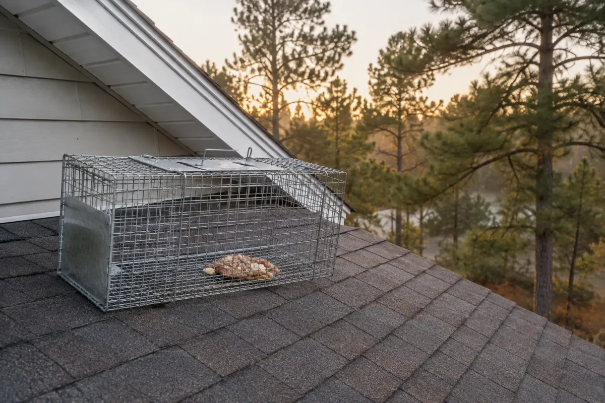 Live cage trap set on the roof of a Columbia home along a raccoon's travel path